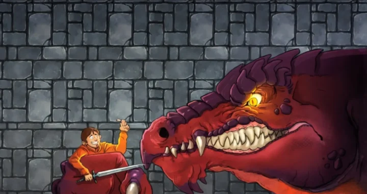 El protagonista de UnEpic atrapado entre las garras de un dragón rojo gigante en una mazmorra de piedra.