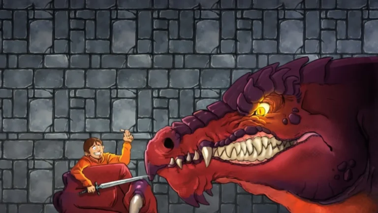 El protagonista de UnEpic atrapado entre las garras de un dragón rojo gigante en una mazmorra de piedra.