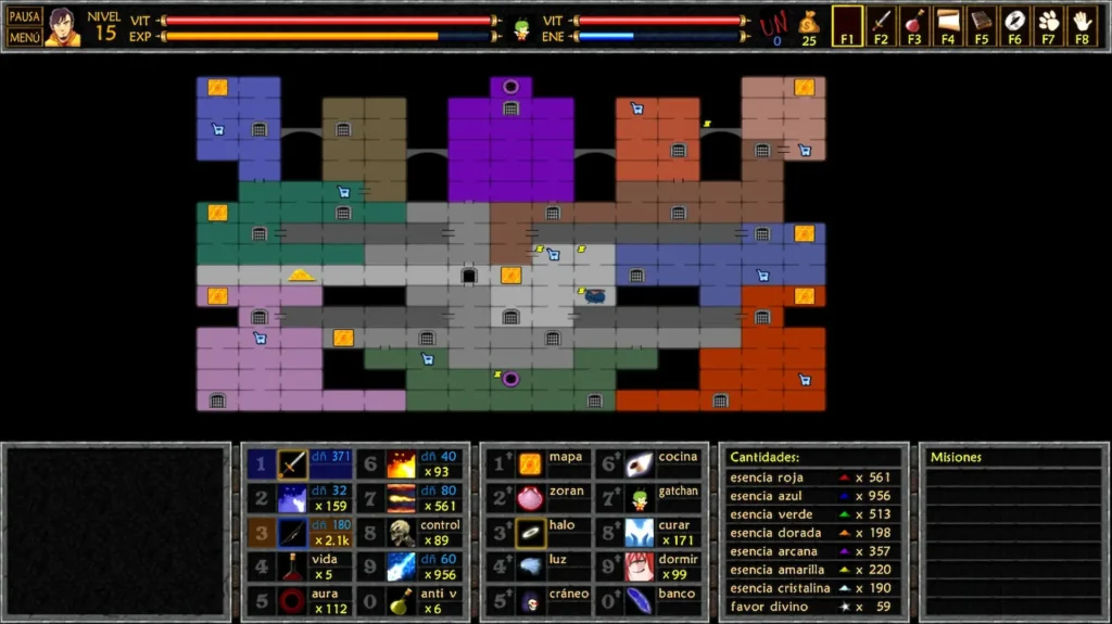 Mapa completo de la mazmorra de UnEpic en el nivel 15, con zonas multicolor y el inventario de hechizos visible.
