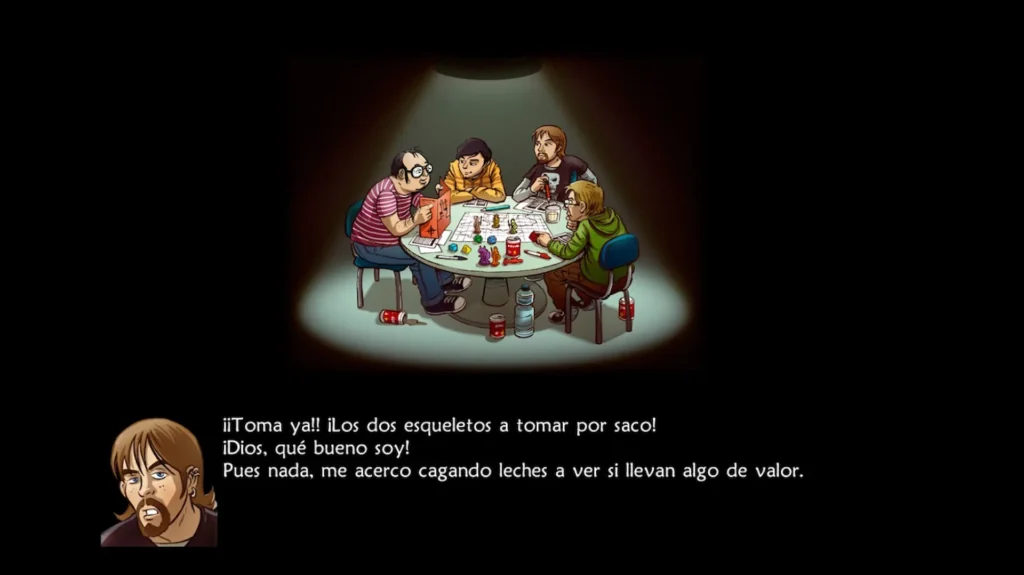 Escena de UnEpic donde cuatro jugadores planean una partida de rol de mesa bajo un foco de luz con dados y miniaturas.