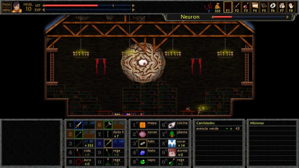 Combate contra el jefe Neuron en UnEpic, un cerebro flotante con ojo rojo en una sala de biblioteca oscura.