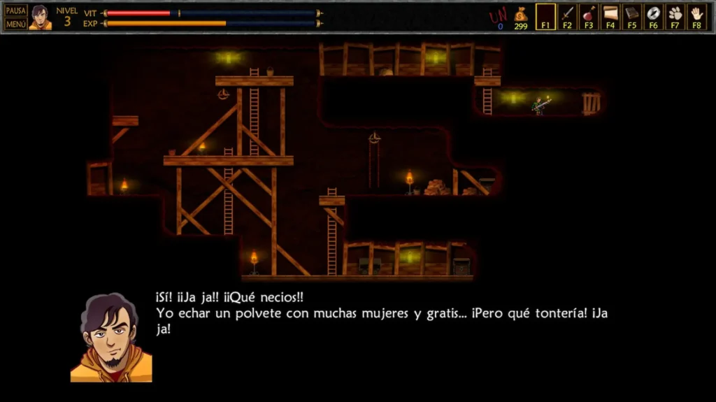 Diálogo cómico de UnEpic en una zona de madera con andamios mientras el protagonista bromea con un NPC.