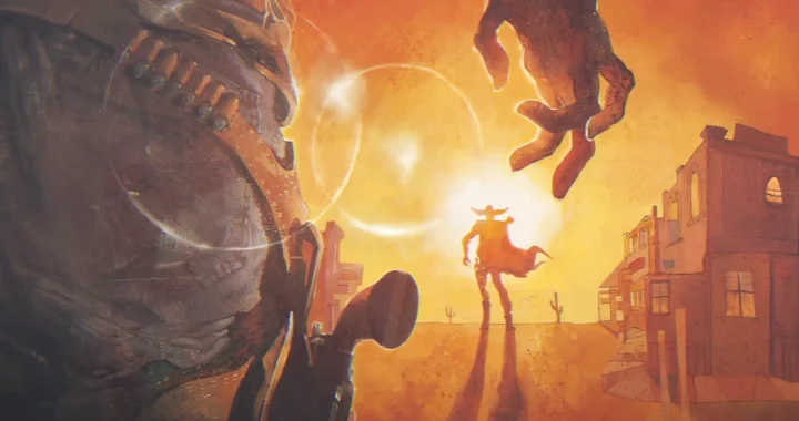 Portada de Outlaws con un vaquero al sol, listo para un duelo en un pueblo del oeste.