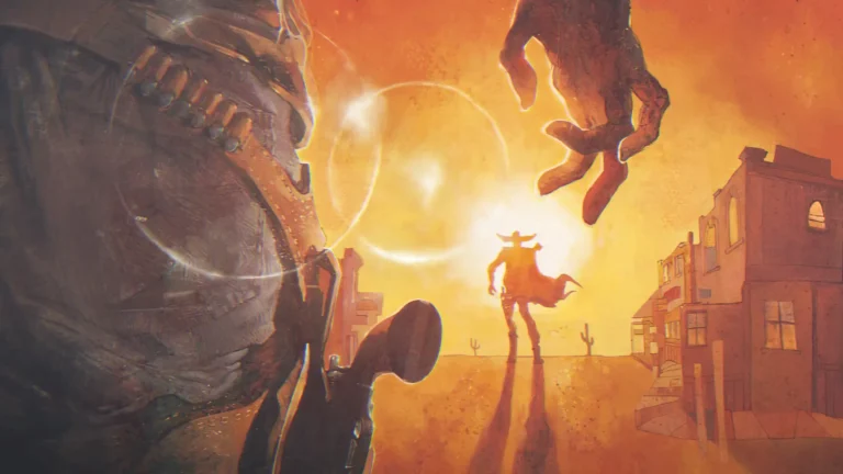 Portada de Outlaws con un vaquero al sol, listo para un duelo en un pueblo del oeste.