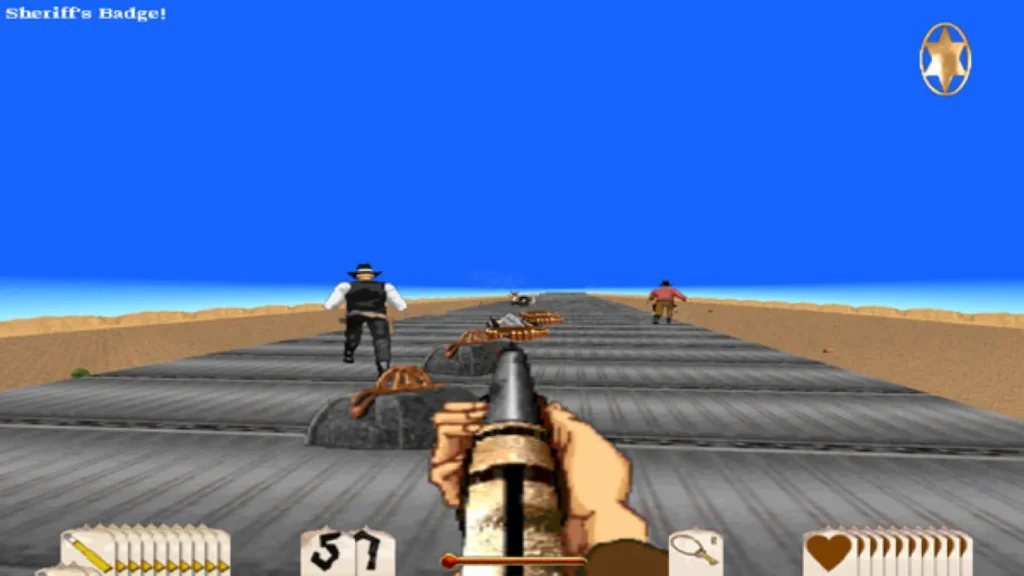 Escena jugable de Outlaws en primera persona, disparando sobre un tren en movimiento.