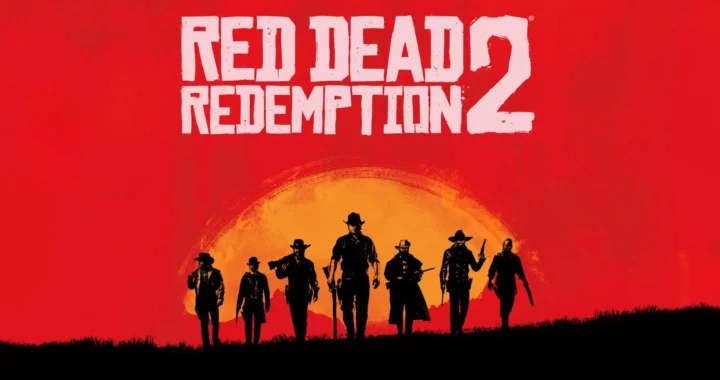 Portada de Red Dead Redemption 2, con un fondo rojo y sombras negras delante de un sol.