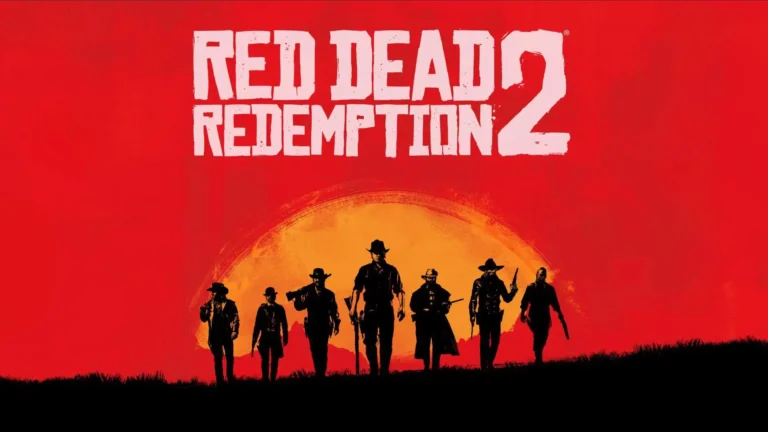 Portada de Red Dead Redemption 2, con un fondo rojo y sombras negras delante de un sol.