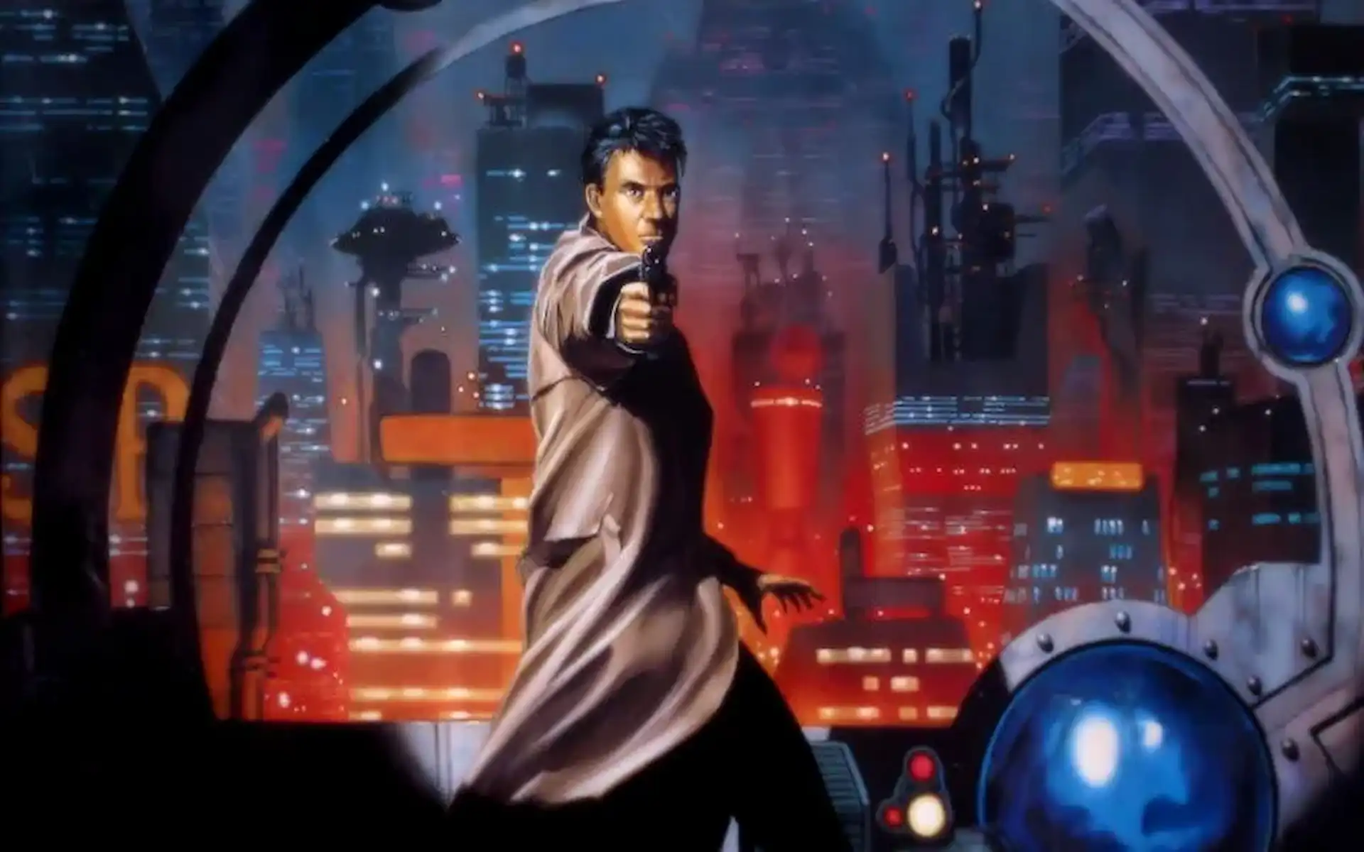 Gillian Seed apunta su arma en una ciudad futurista iluminada, símbolo del estilo cyberpunk de Snatcher.