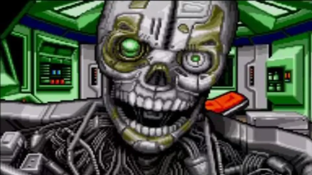 Primer plano de un androide con rostro metálico y ojos verdes brillantes, enemigo emblemático de Snatcher.