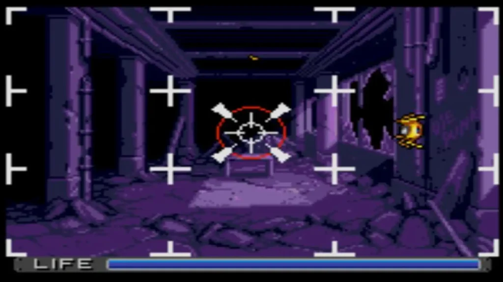 Vista en primera persona con una mira sobre ruinas oscuras, secuencia de disparos interactiva en Snatcher.
