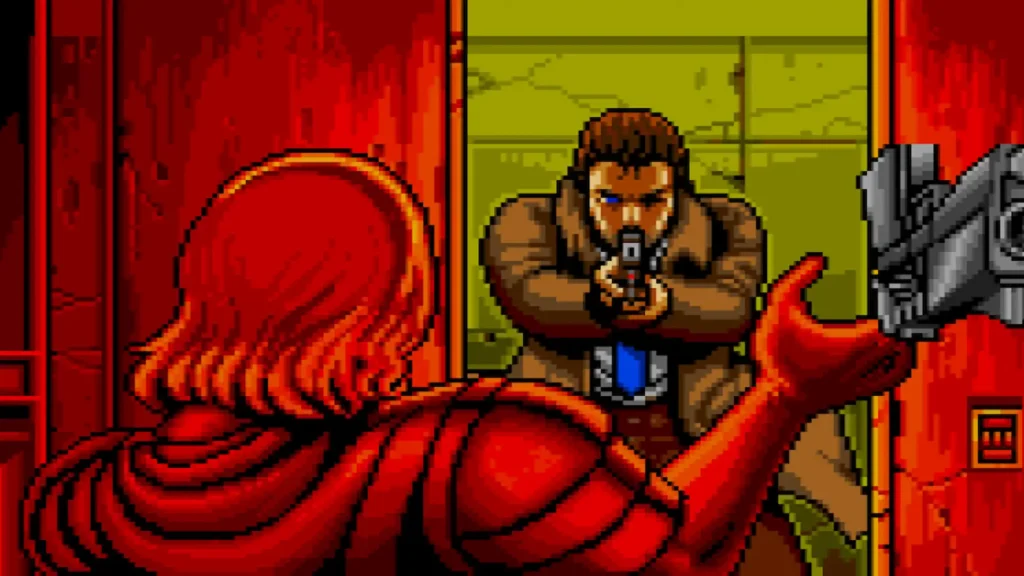 Gillian Seed apunta su pistola a un enemigo de abrigo rojo en un enfrentamiento intenso de Snatcher.