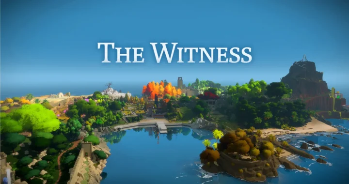 Un paisaje de una isla, rodeada de naturaleza y un lago, con un cielo azul donde se puede leer The Witness.
