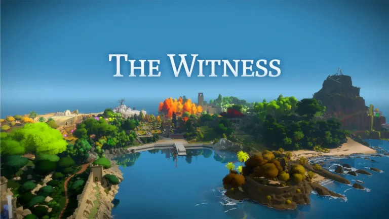 Un paisaje de una isla, rodeada de naturaleza y un lago, con un cielo azul donde se puede leer The Witness.