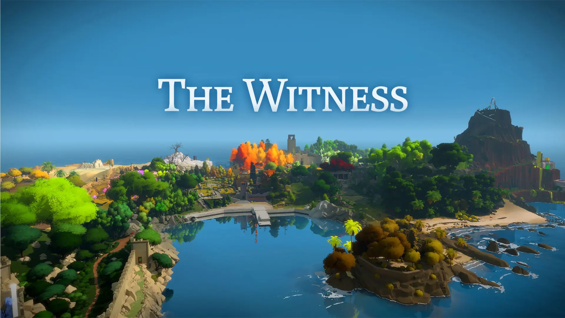 Un paisaje de una isla, rodeada de naturaleza y un lago, con un cielo azul donde se puede leer The Witness.