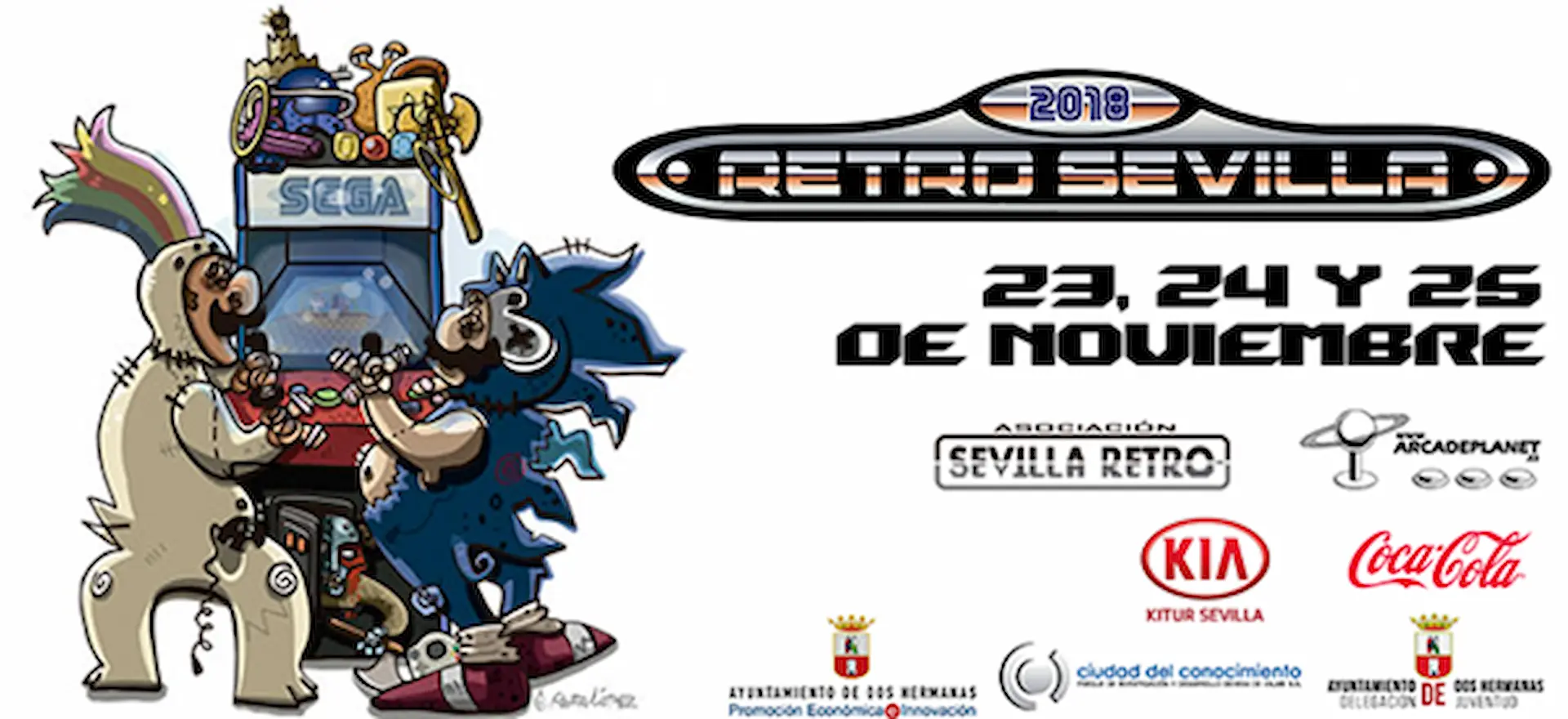 Cartel de RetroSevilla 2018 compuesto por un mario y un Sonic hechos añicos jugando a una consola arcade de SEGA.