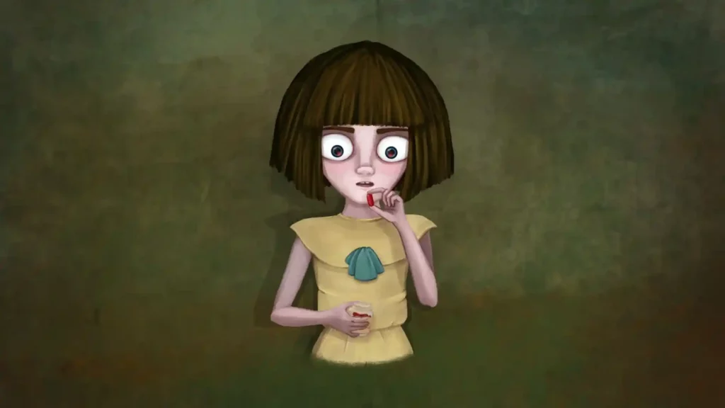 Una niña en dibujo de acuarela sosteniendo una pastilla roja en un fondo verde para el análisis de Fran Bow.