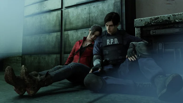 Leon y Claire descansan exhaustos apoyados en una pared tras sobrevivir al horror en Resident Evil (2019).