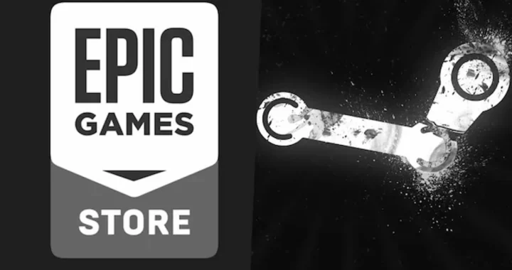 Los logos de Epic Games Store y Steam, contrastados en blanco y negro, representan la batalla de las tiendas de PC.