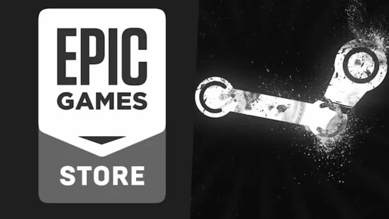 Los logos de Epic Games Store y Steam, contrastados en blanco y negro, representan la batalla de las tiendas de PC.