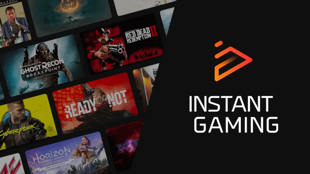 El logo de Instant Gaming se superpone a las carátulas de juegos, un competidor de claves de la Epic Games Store y otras tiendas digitales.