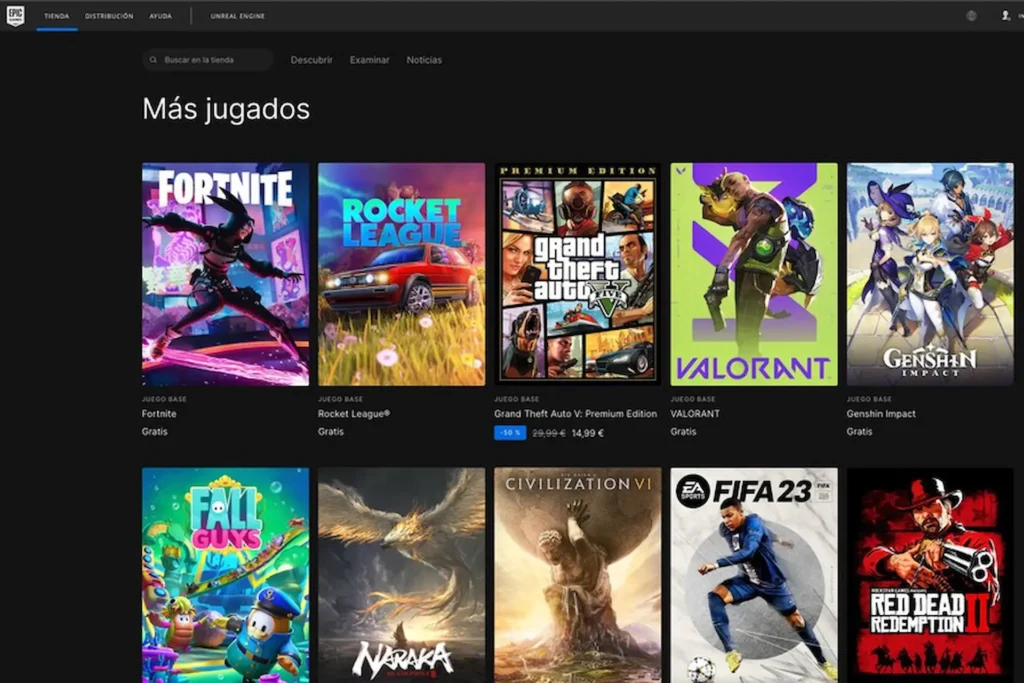 La interfaz de la Epic Games Store muestra juegos populares como Fortnite, GTA V, y Rocket League en su lista de más jugados.