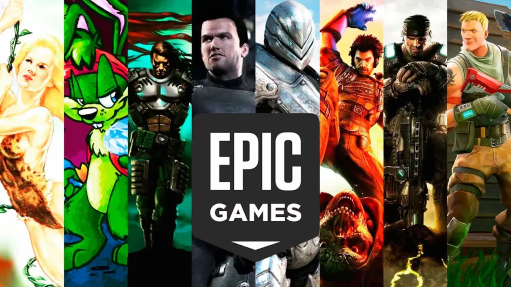 Un collage de personajes icónicos de Epic Games, como Gears of War y Fortnite, simboliza el catálogo de la Epic Games Store.