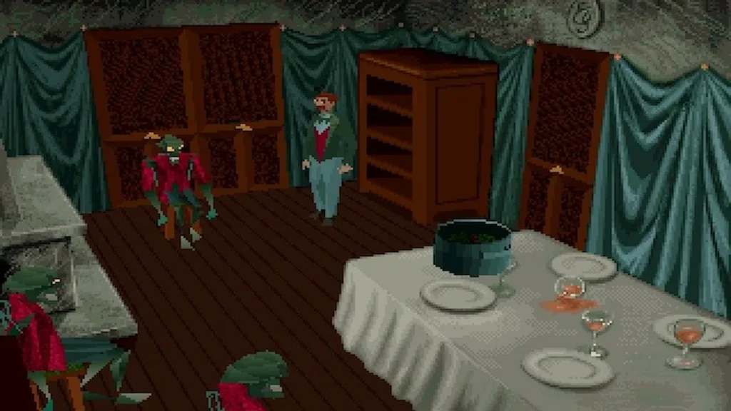 Protagonista entra en un comedor con criaturas sentadas en la mesa, guiño clásico en Resident Evil (2019) y Alone in the Dark.