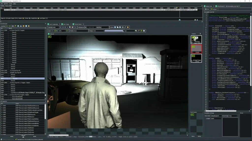 Escena del desarrollo del motor RE Engine mostrando iluminación y modelado de Resident Evil (2019).