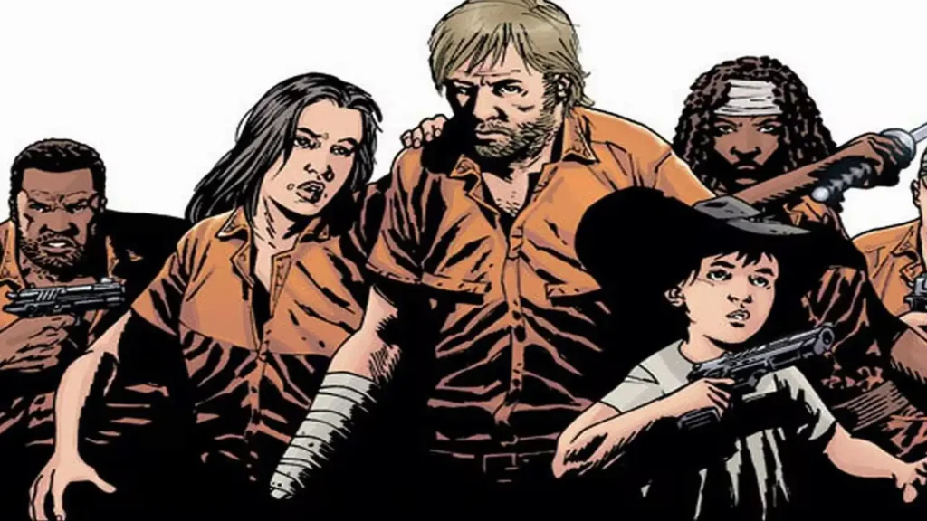 Grupo armado avanza unido en el cómic The Walking Dead, con miradas decididas y ropa naranja distintiva.