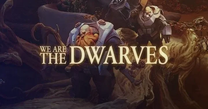 Pantalla título de We Are The Dwarves: dos enanos con armadura pesada y armas en un entorno alienígena oscuro y orgánico.