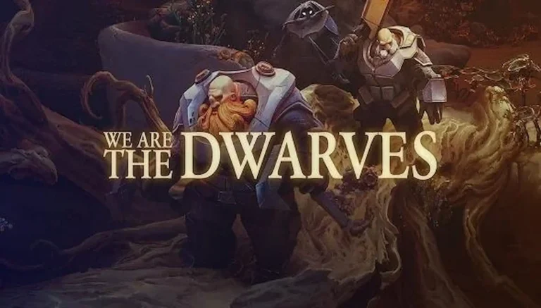 Pantalla título de We Are The Dwarves: dos enanos con armadura pesada y armas en un entorno alienígena oscuro y orgánico.