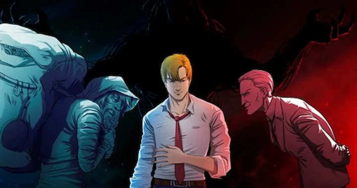 Pete, protagonista de Distraint 2, siendo acosado por un mendigo (azul) y un empresario (rojo) con una sombra de brazos abiertos a su espalda.