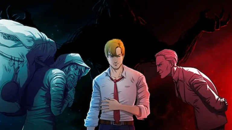 Pete, protagonista de Distraint 2, siendo acosado por un mendigo (azul) y un empresario (rojo) con una sombra de brazos abiertos a su espalda.