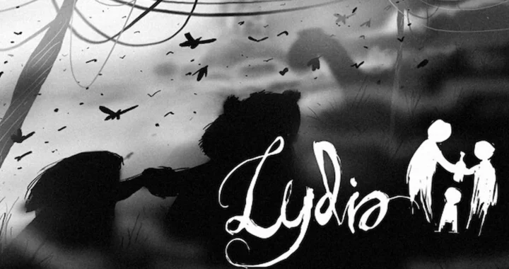 Portada del videojuego Lydia, en blanco y negro, donde vemos el logo y varias sombras en el fondo.