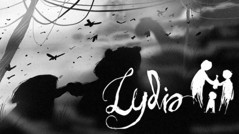 Portada del videojuego Lydia, en blanco y negro, donde vemos el logo y varias sombras en el fondo.