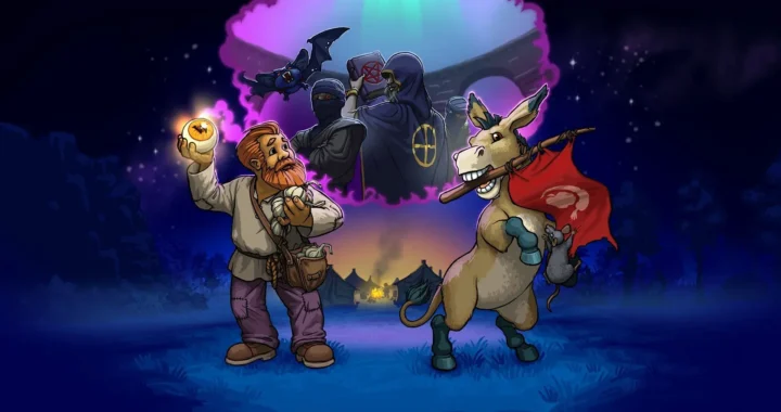 El encargado y el burro celebran mientras imaginan a cultistas y criaturas en una escena humorística de Graveyard Keeper.