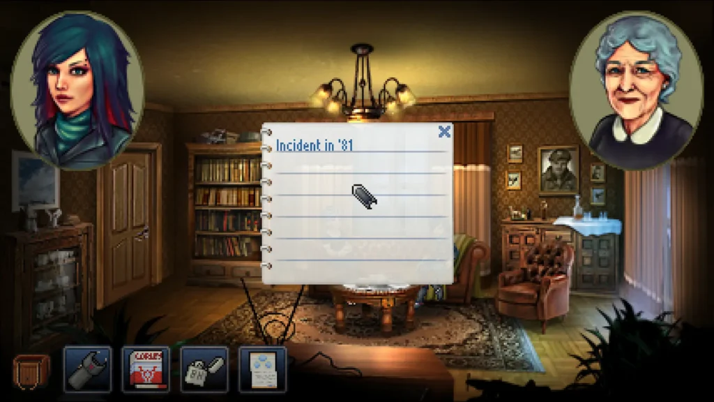 Kathy Rain investigando una nota en la que pone "Incident in '81" mientras conversa con una anciana en una habitación.