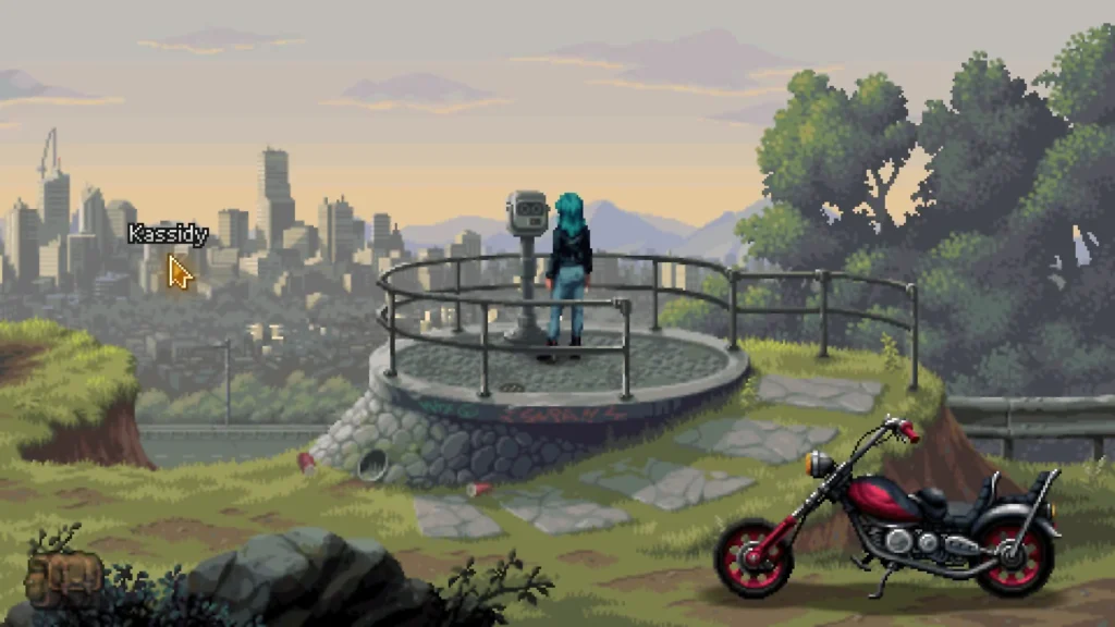 Kathy Rain interactuando con un prismático en un mirador, junto a una moto roja y una ciudad al fondo donde se puede leer "Kassidy" con un puntero de ratón amarillo.