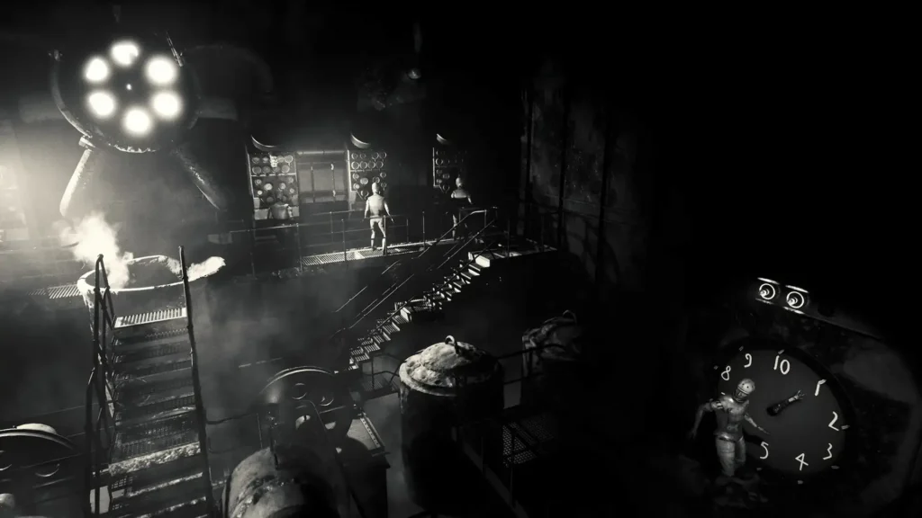 Una sala industrial de Layers of Fear 2 revela figuras metálicas entre vapor y un enorme reloj distorsionado.