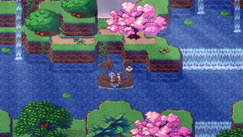 Niño y su madre navegando en bote por río con cerezos en flor y naturaleza pixel art en Rakuen