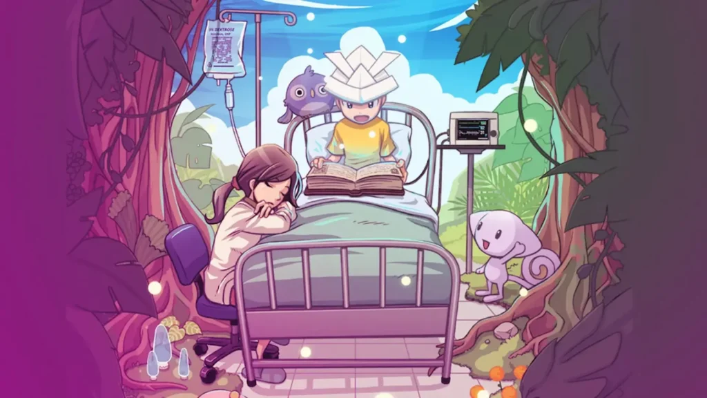 Niño hospitalizado en cama leyendo con su madre al lado, mundo dividido entre fantasía y realidad en Rakuen