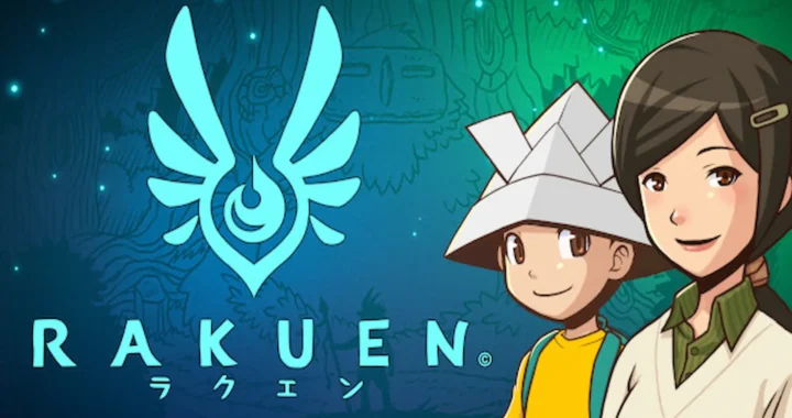 Pantalla de título de Rakuen con el niño protagonista y su madre junto al logo y símbolo del juego