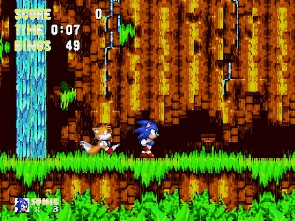 Sonic y Tails corriendo juntos en un nivel de bosque durante el gameplay de Sonic 3 en Mega Drive, con 49 anillos recogidos.
