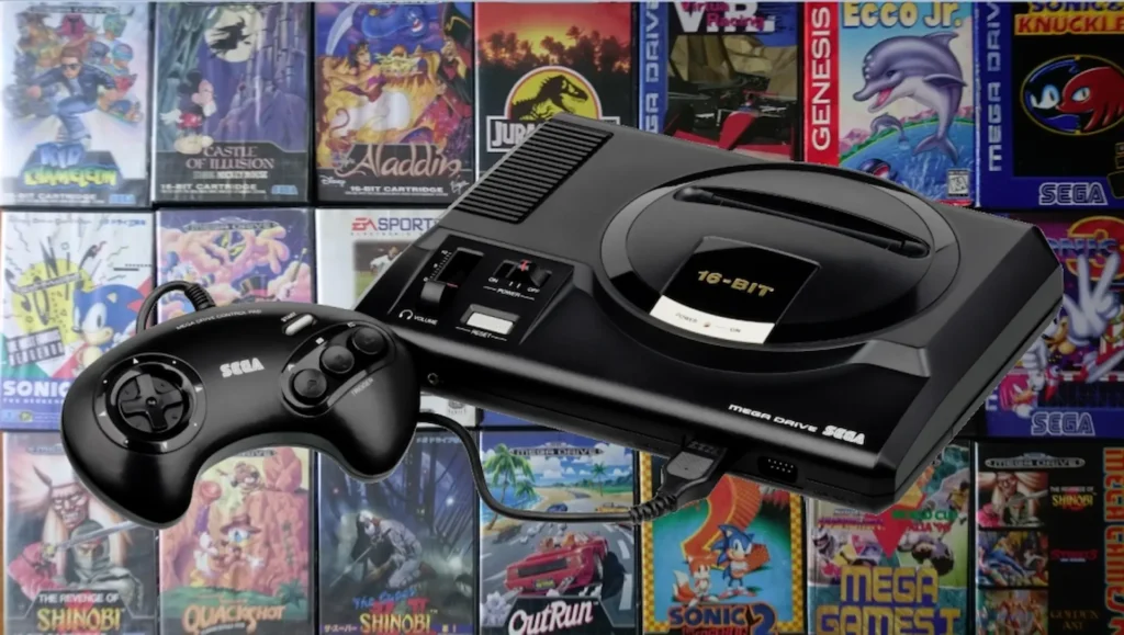 Consola Mega Drive de SEGA con mando de 6 botones rodeada de carátulas clásicas, entre ellas Sonic, Aladdin y Jurassic Park