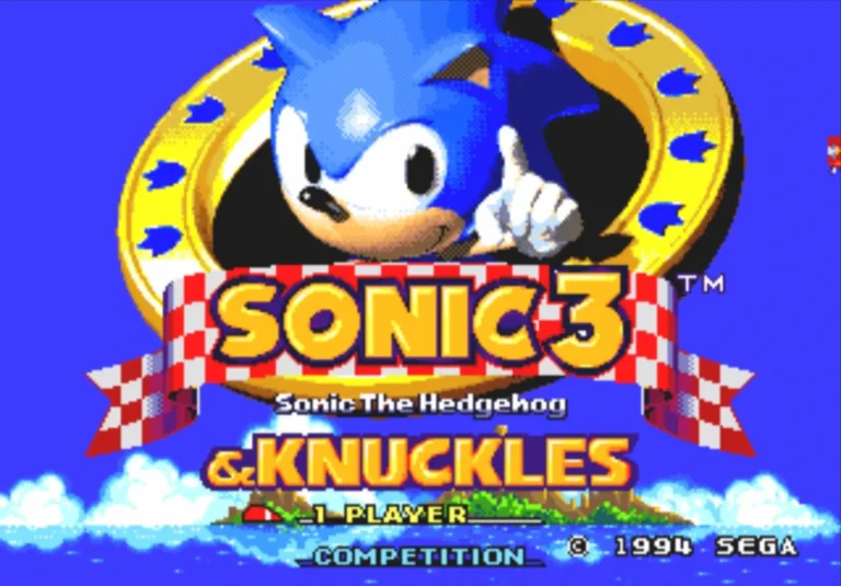 Pantalla de inicio de Sonic 3 de Mega Drive con Sonic haciendo thumbs up ante el logo de Sonic 3 & Knuckles, edición 1994 de SEGA.