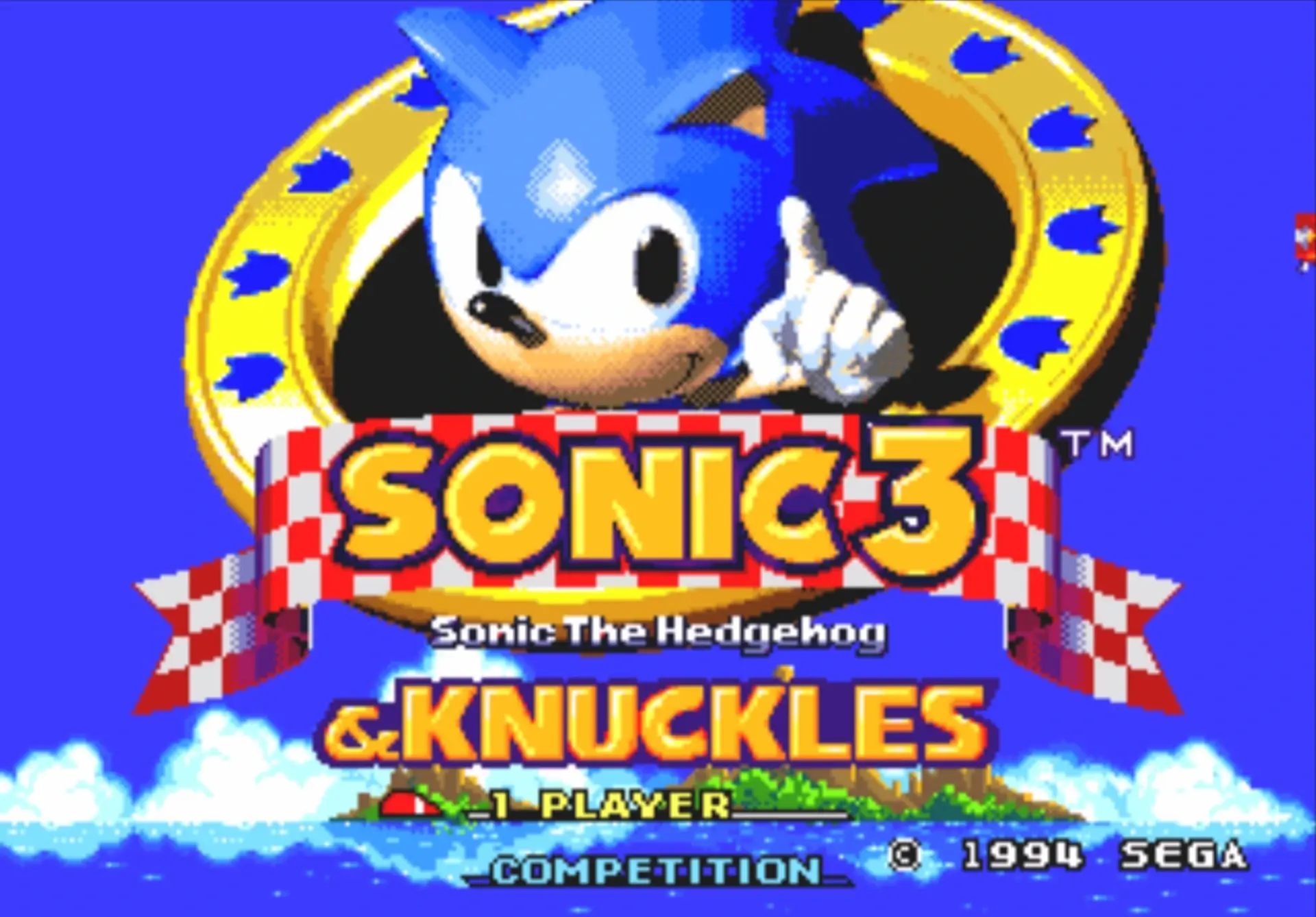 Pantalla de inicio de Sonic 3 de Mega Drive con Sonic haciendo thumbs up ante el logo de Sonic 3 & Knuckles, edición 1994 de SEGA.