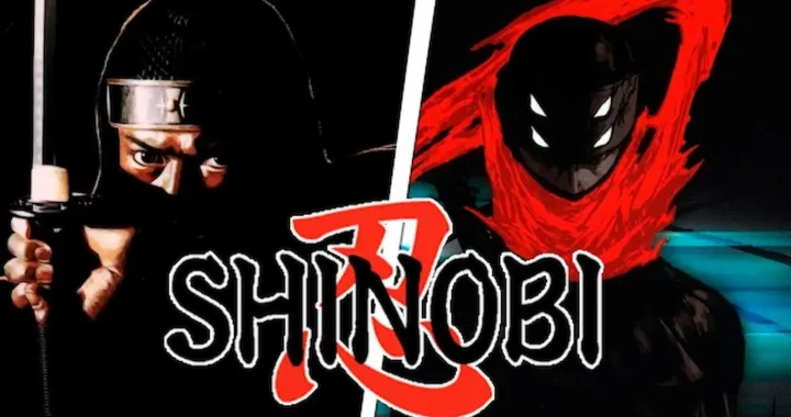 Rostro de ninja real y figura oscura envuelta en rojo enfrentados bajo el título, evocando el estilo icónico de la saga shinobi.