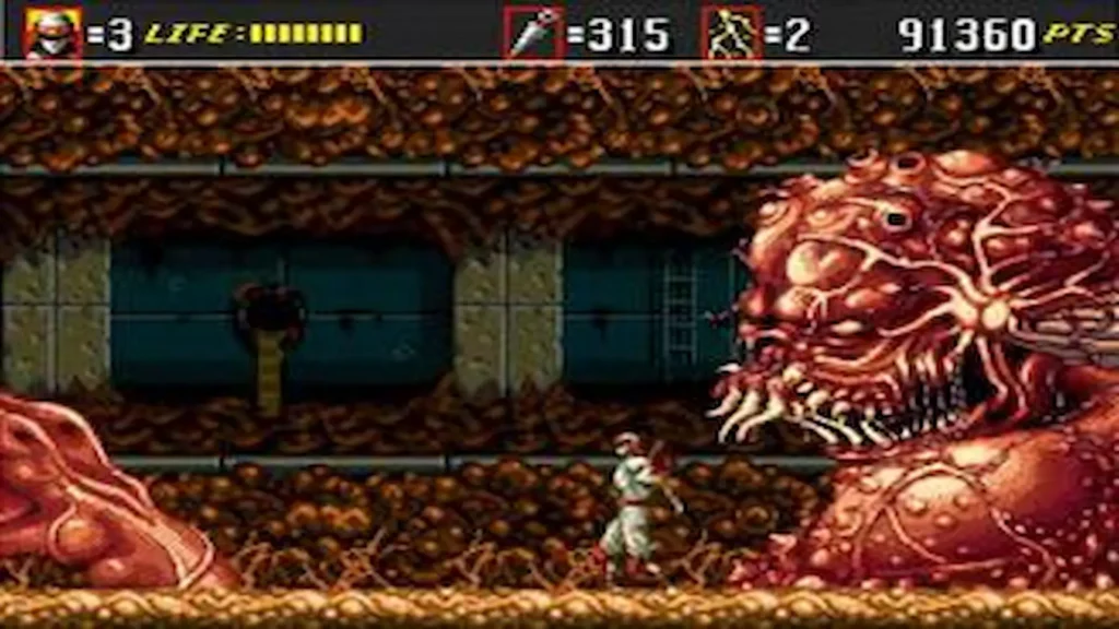 Ninja frente a un enorme monstruo orgánico en un pasillo infestado, escena clásica que conecta con la intensidad de la saga Shinobi.
