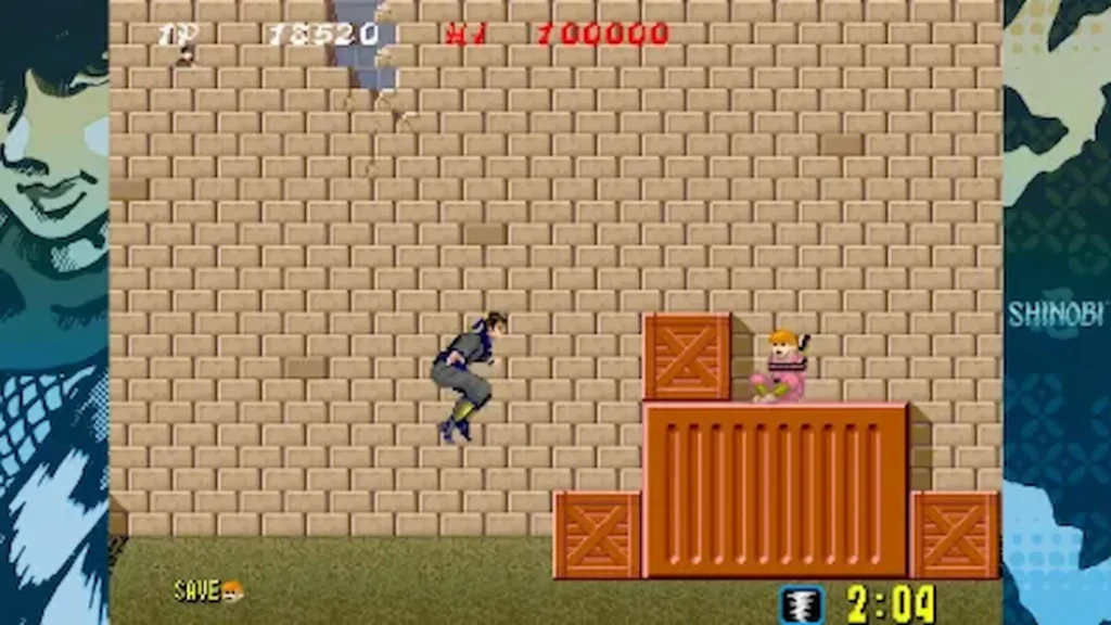 Ninja saltando entre cajas para rescatar a un niño en un nivel urbano simplificado típico de la saga Shinobi.