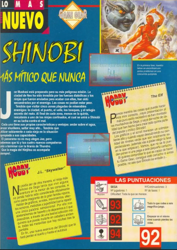 Página retro de revista con análisis, capturas y puntuaciones dedicadas a una entrega portátil de la saga Shinobi.